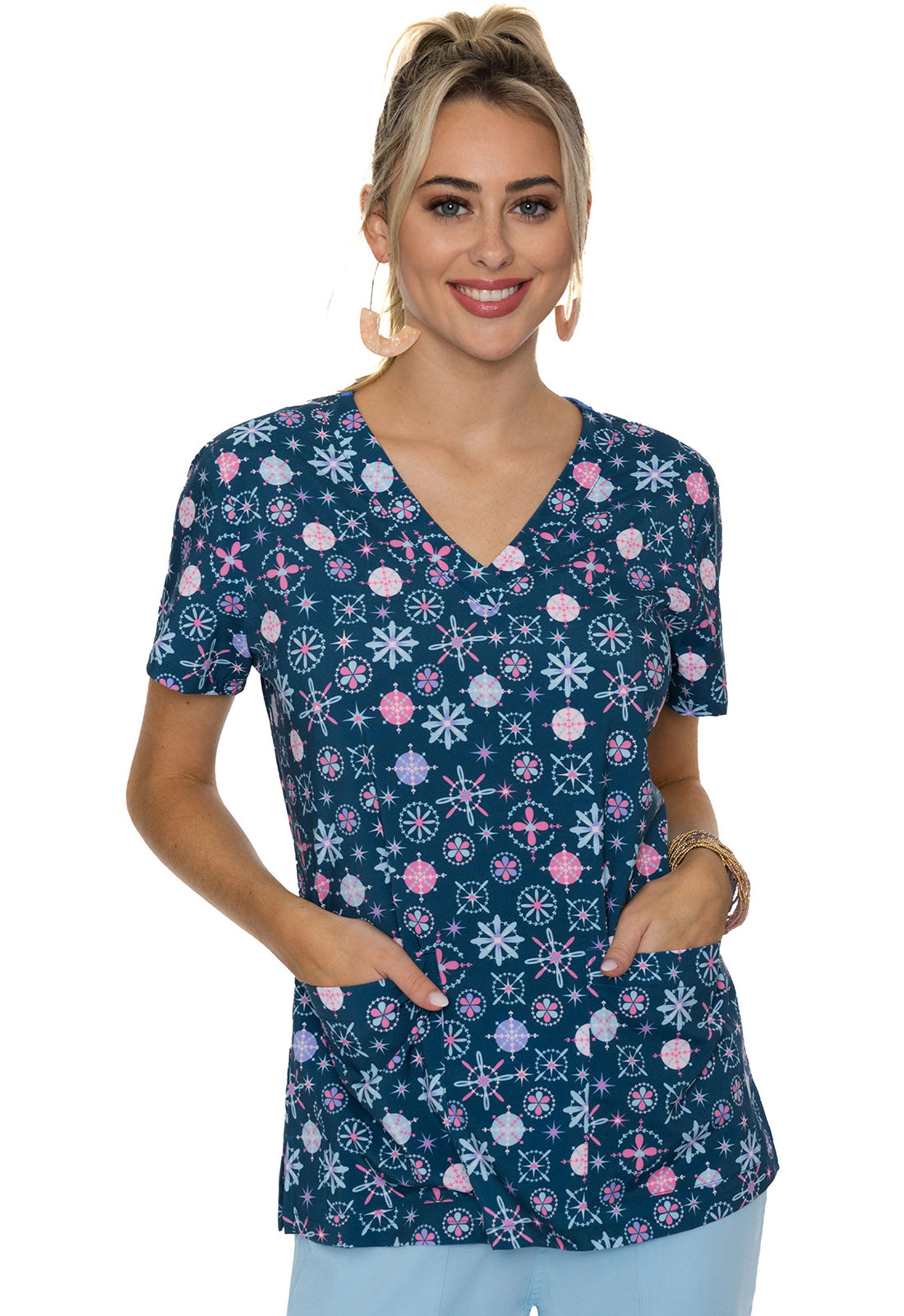 V-Neck Vicky Print Top by Med Couture XS- 3XL   /   Snowflake Scatter