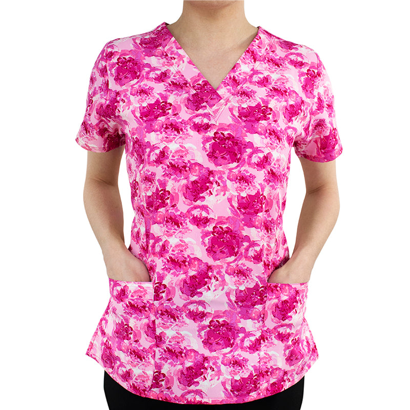 Printed Curved V-Neck Top BY MAEVN XS-3XL / Peony Pink
