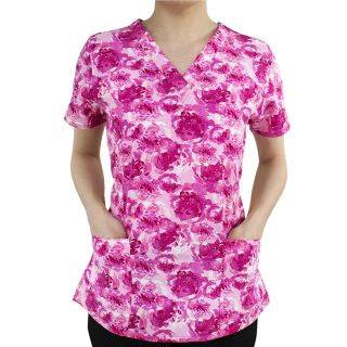 Printed Curved V-Neck Top BY MAEVN XS-3XL /Peony Pink