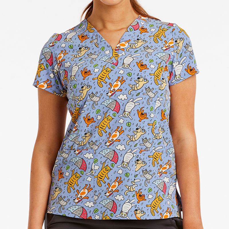 Printed Curved V-Neck Top BY MAEVN XS-3XL / Playful Puddles