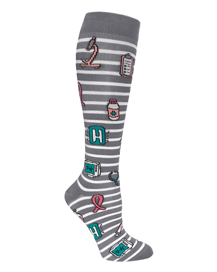 12" Premium Knit Compression Socks by Prestige / Grey Stripes & Medical Symbols