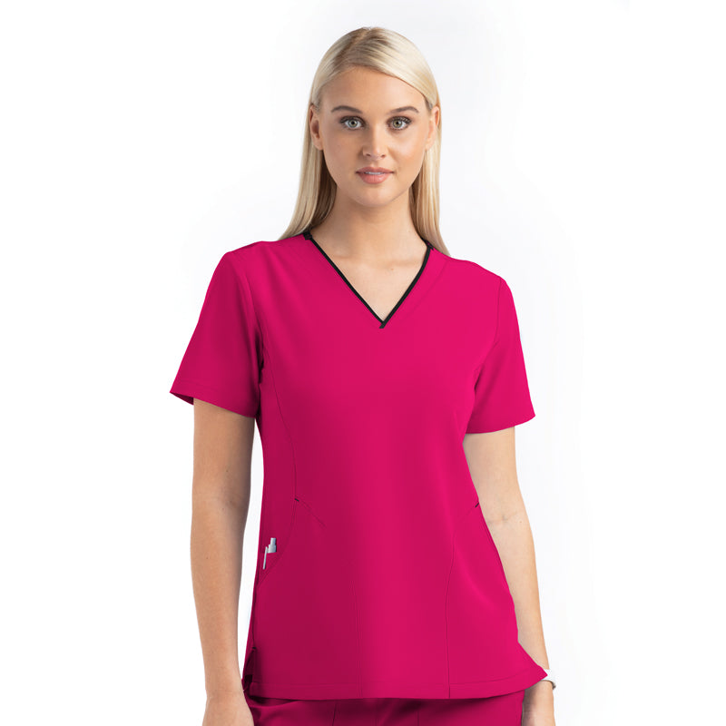 Women's Contrast Curved V- Neck Top by Maevn XS-3XL / Hot Pink ( HPK )