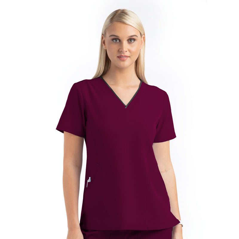 Women's Contrast Curved V- Neck Top by Maevn XS-3XL /  Wine