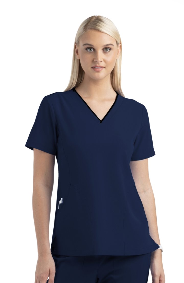 Women's Contrast Curved V- Neck Top by Maevn XS-3XL / NAVY/NAVY TRIM