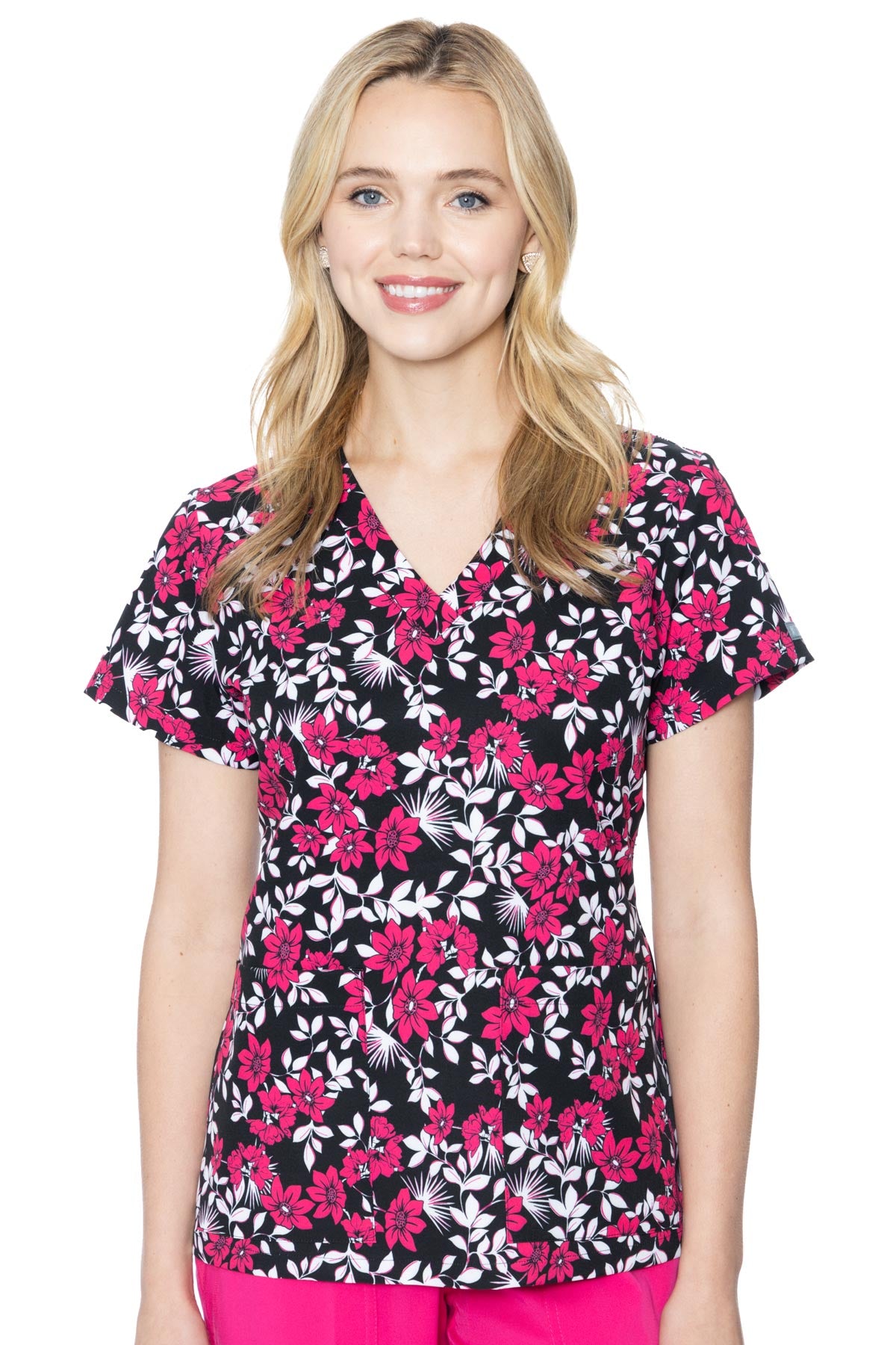 V-Neck Vicky Print Top by Med Couture XS- 3XL   / Pink Flower Power