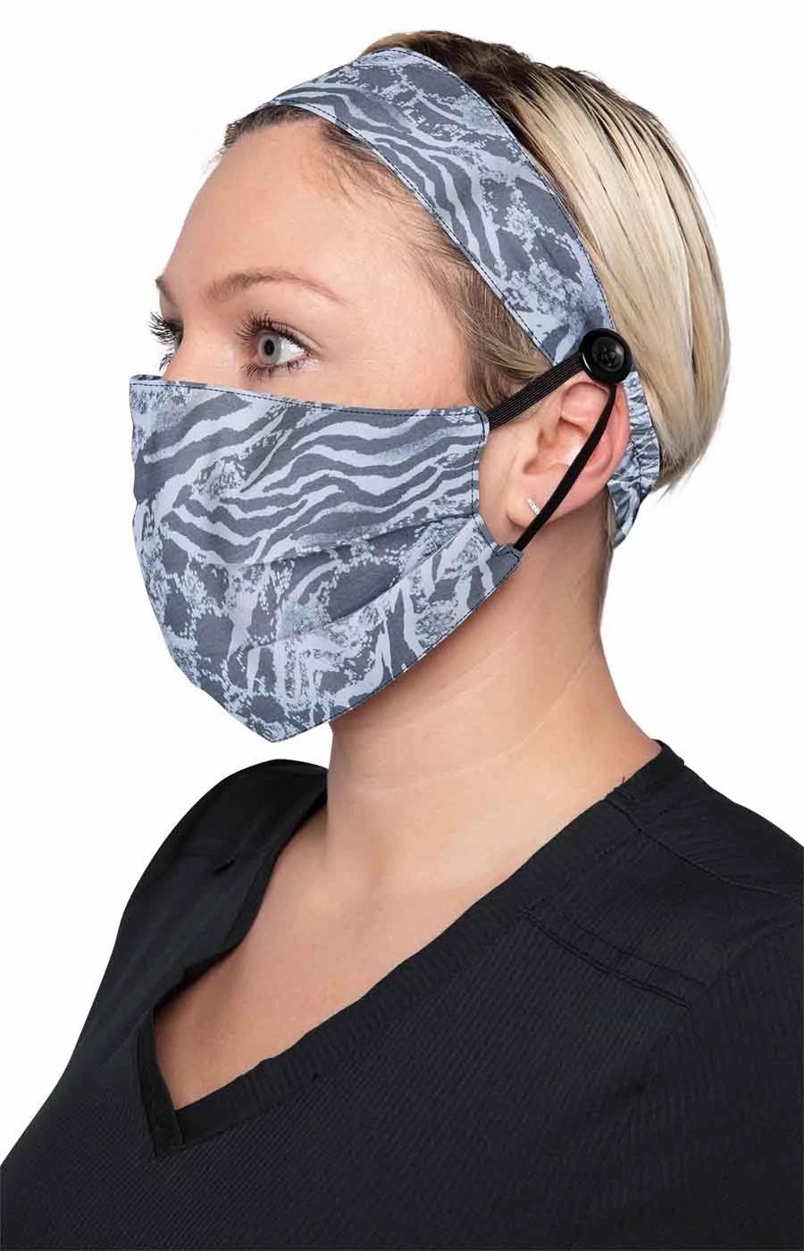 Fashion Mask + Headband Set by KOI / Zebra Snake Burnout Heather Grey